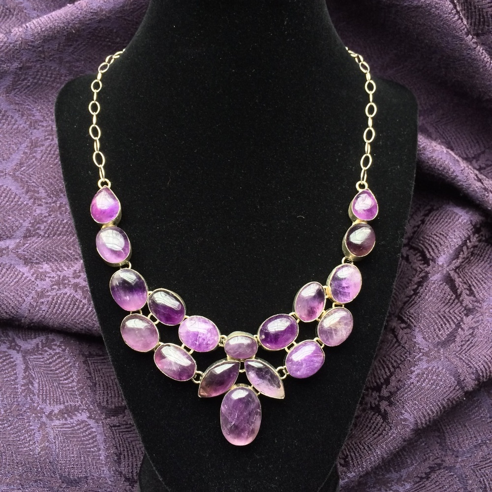 Amethyst Stone Necklace With Silver Chain & Clasp
